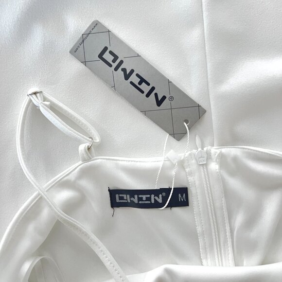 Sz M- NWT OWIN White Asymmetrical Neckline Side Split Sexy Bodycon‎ Midi Dress - Picture 11 of 15